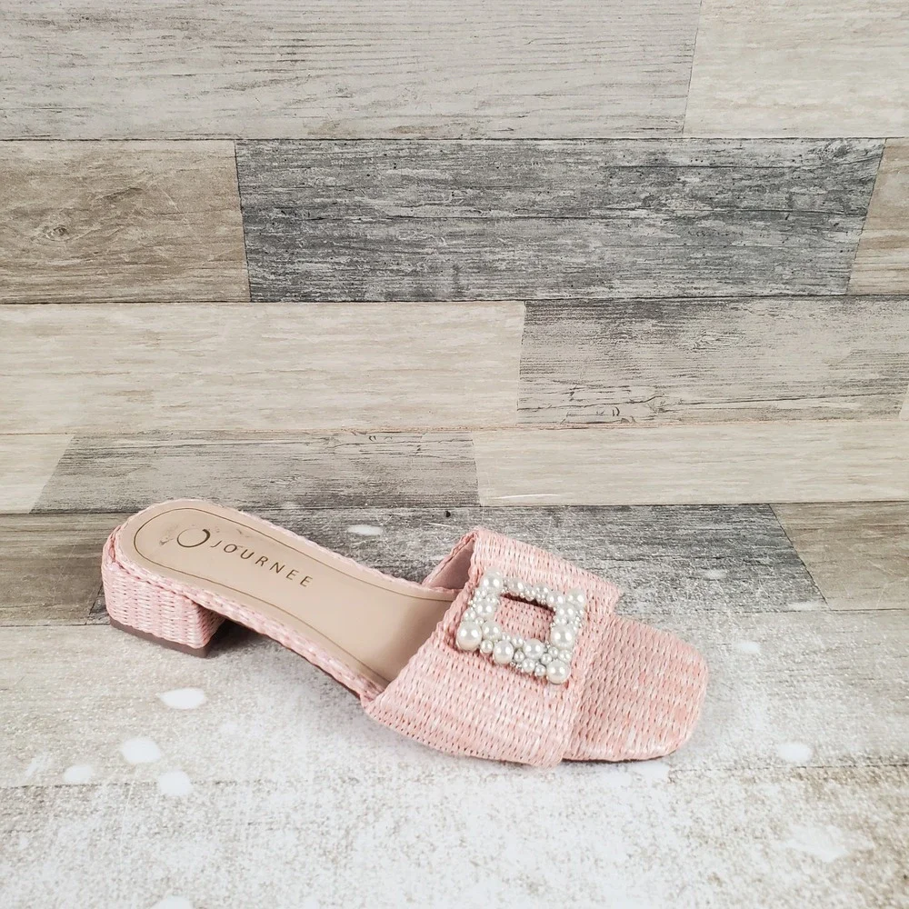 Journee Collection Justina Womens Sandal‎ Sz 8 M Pink Beaded Slip On Block Heel
